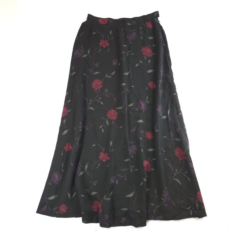 VTG 90s Y2K 100% Silk Floral Midi Skirt 8 Dark Romantic Fairy Grunge Whimsigoth
